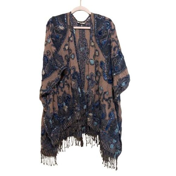 Soft Surroundings Wool Blend Kimono Poncho Wrap O/S Blue Embroidered Yarn Artsy - Picture 1 of 9